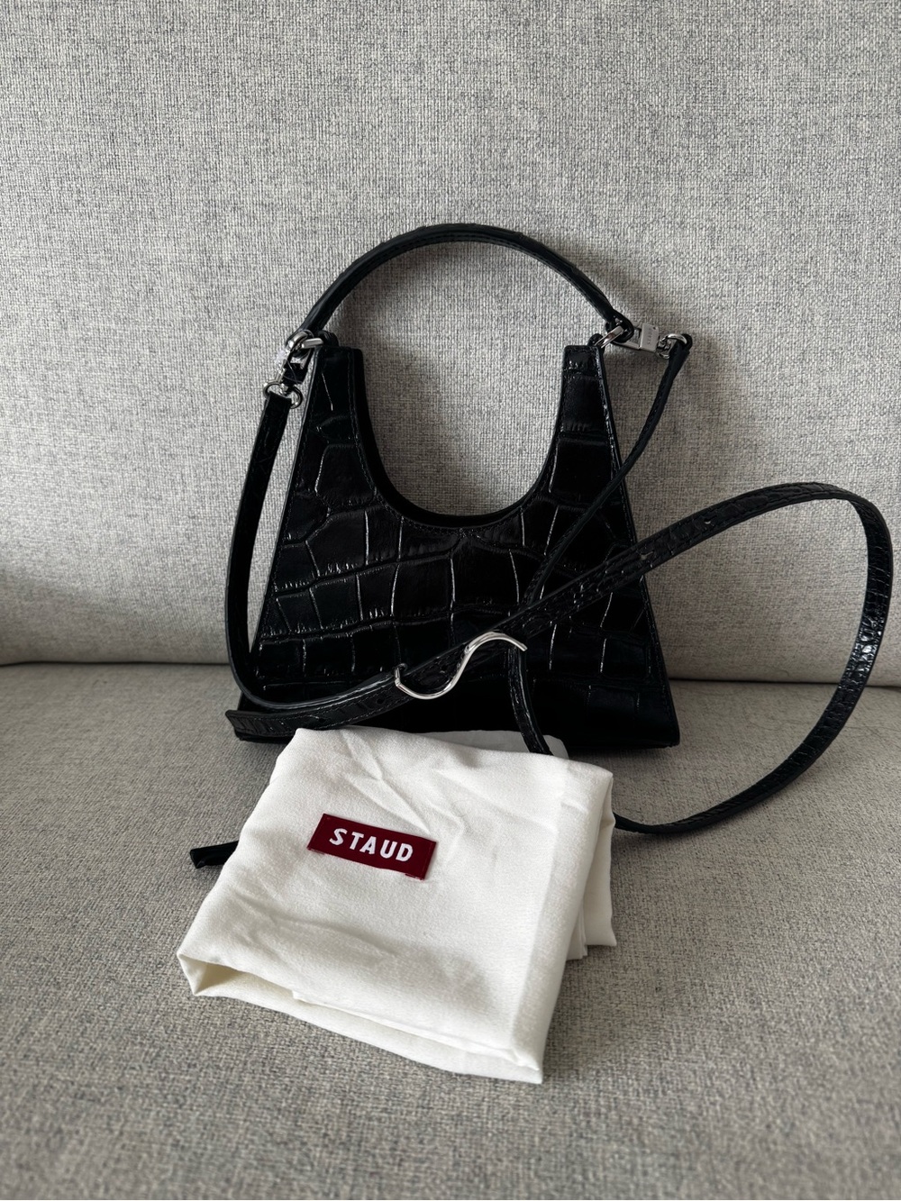 STAUD Mini Rey Black Croc-Embossed Bag with Top Handle and Cross Body Strap